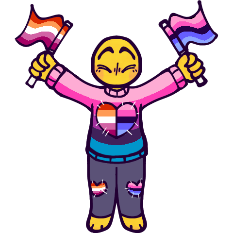 a drawing of a cartoony generic yellow human happily standing with their arms outstretched and holding up two small handheld flags, one in each hand. The lines are a very dark purple, except for the white stitches on the clothes. The person is wearing a 7 stripe pink, blue and purple omni lesbian flag sweater with a heart stitched onto the front, and purple leggings with heart-shaped patches on the knees. Their feet appear to be like paws, their head is very round - almost a circle - and bald, and they only have four fingers. Their eyes are squinted shut, and their eyebrows are raised high in an excited expression. They have no visible mouth and a nose is only loosely implied. the left flag and hearts are the lesbian flag, while the right are the omnisexual flag.